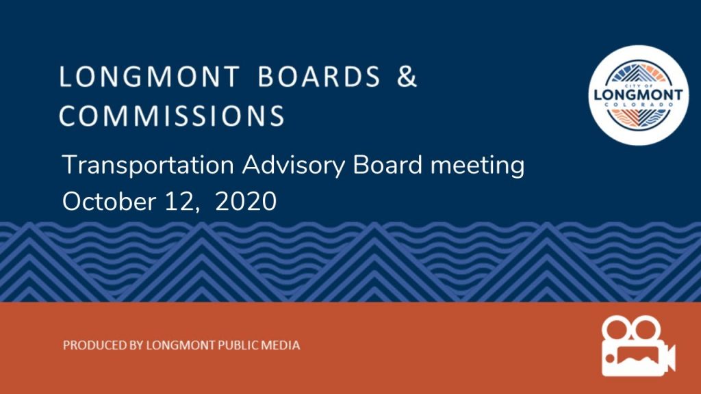 A blue and orange business card for Longmont Boards & Commissions Transportation Advisory Board meeting on October 12, 2020