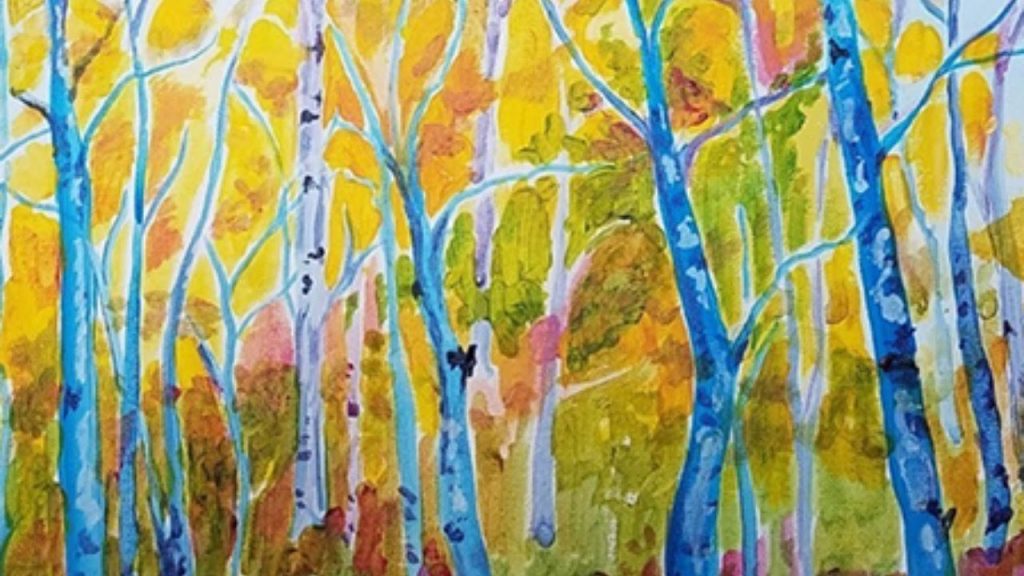 A beautiful autumn landscape painting featuring trees with yellow leaves