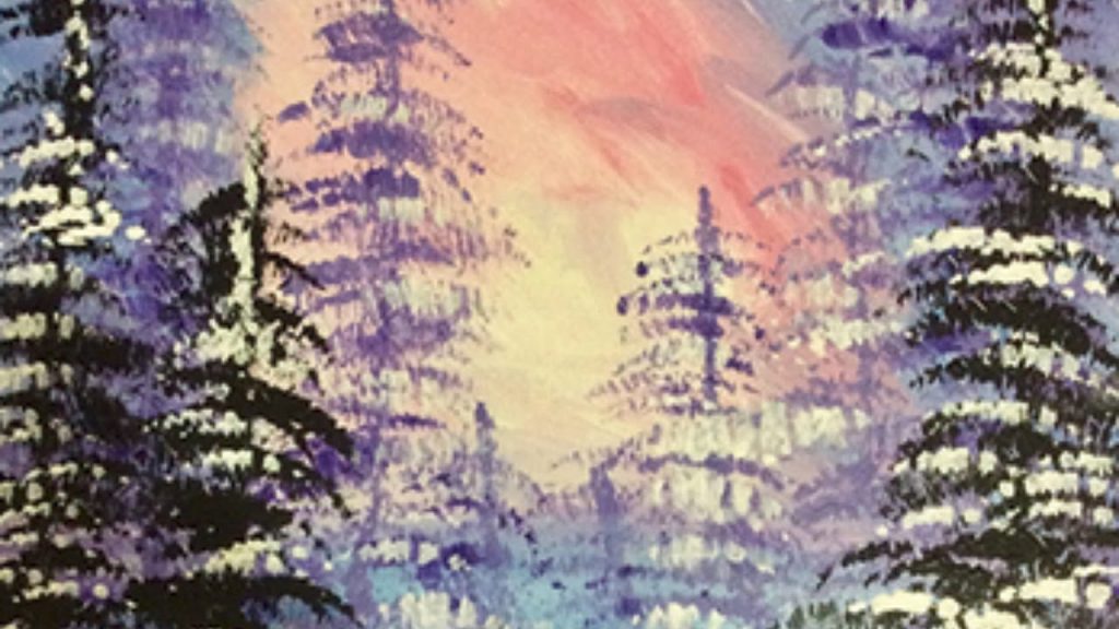 A serene landscape painting featuring trees with a beautiful sunset in the background