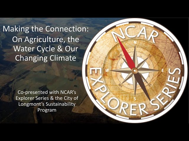A compass with a caption about agriculture, the water cycle, and our changing climate