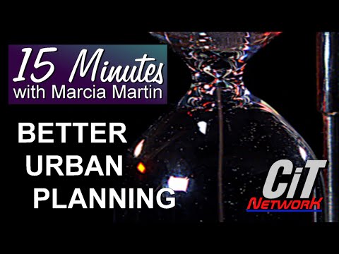 A picture of an hourglass with the words "15 minutes" promoting Marca Martin's better urban planning services