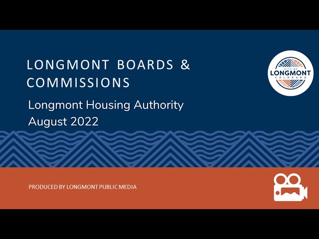 A blue and orange banner displaying the words "Longmont Boards & Commissions" prominently