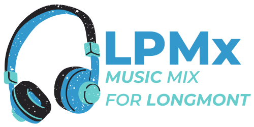 A pair of headphones featuring the words "LPMX Music Mix for Longmont