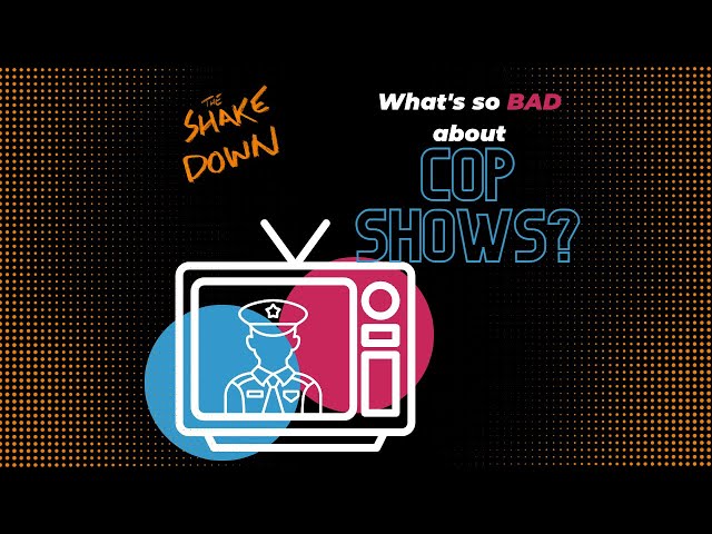 A TV screen displaying the words "What's so bad about cop shows?" with a remote control next to it
