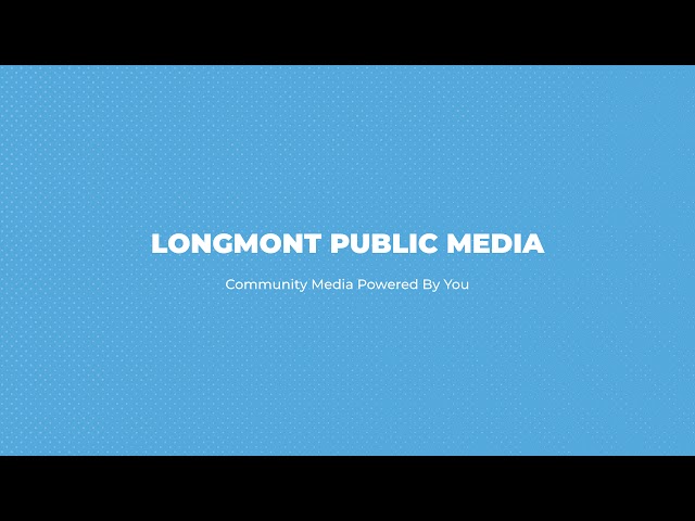 a blue background with the words longmont public media