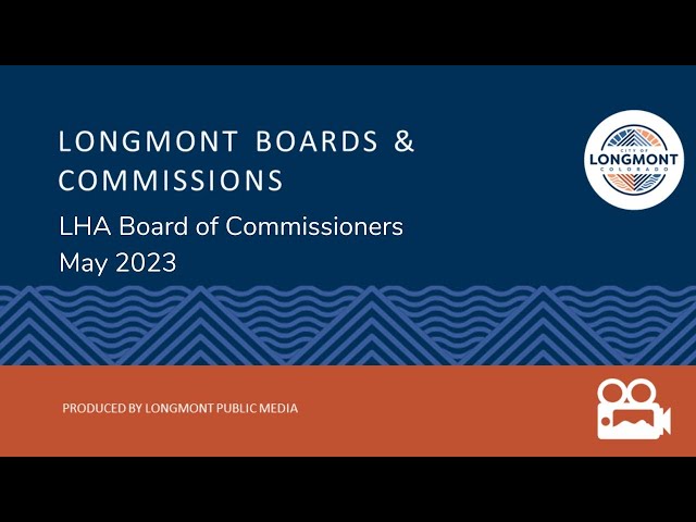A blue and orange banner displaying the words Longmont Boards & Commissions