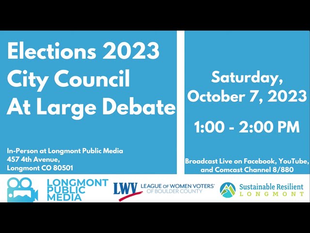 A blue and white poster promoting the City Council At Large Debate in 2012