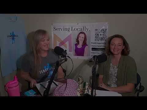 Two female podcast hosts sitting together in front of microphones
