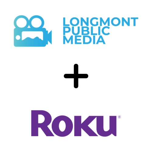 The logos for Longmont Public Media and Roku displayed together